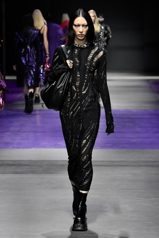 Sora Choi walks the runway during the Versace Ready to Wear Spring/Summer 2023 fashion show as part ...