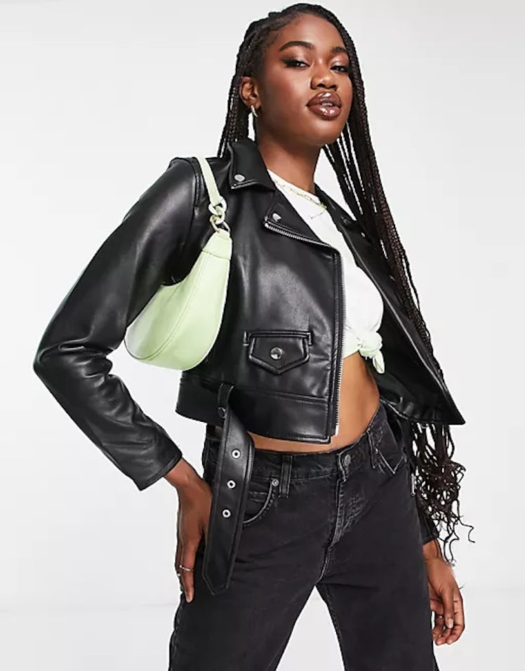 asos Bershka faux leather biker jacket in black