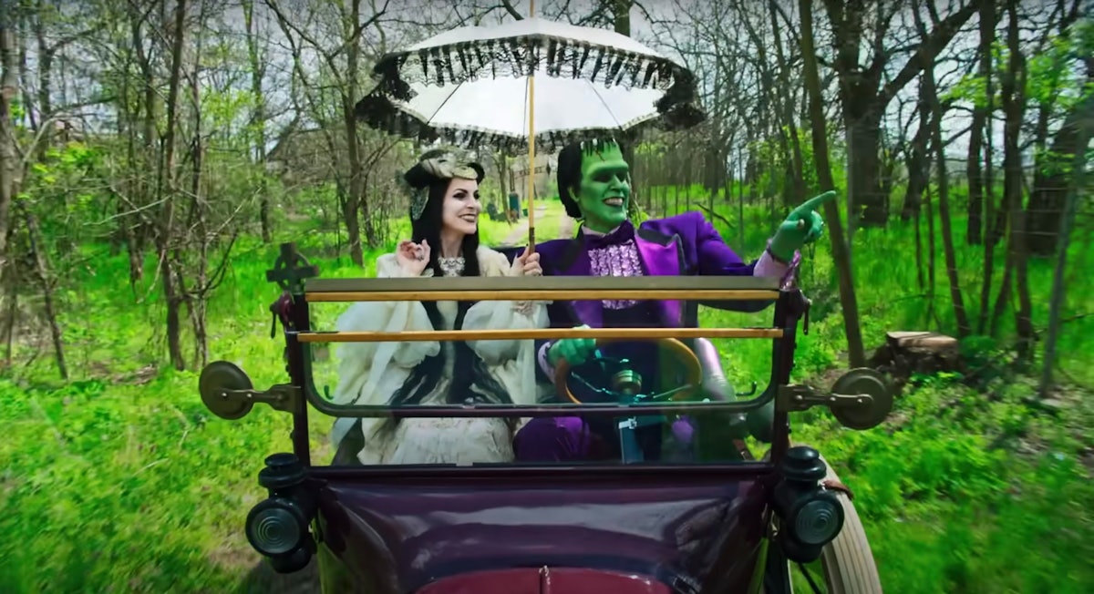 Frankenstein's monster and his bride in a "The Munsters" movie scene