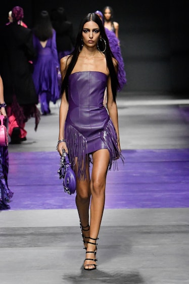 A model walks the runway during the Versace Ready to Wear Spring/Summer 2023 fashion show as part of...