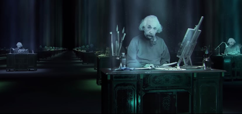 A scene with Albert Einstein in "A Trip to Infinity" movie