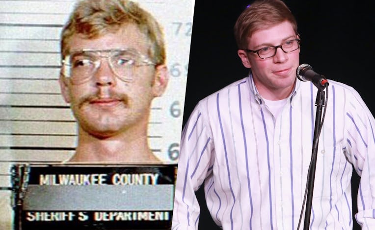 Jeffrey Dahmer mug shot next to Joe Pera making a speech.