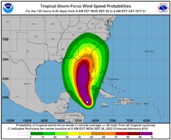 Wind speed probabilities for Hurricane Ian from the National Oceanic and Atmospheric Administration....