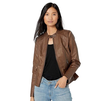 This lightweight, faux leather jacket  is stylish, flexible, and comfortable.
