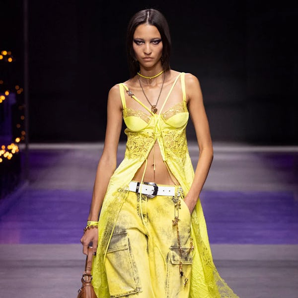 Versace's neon yellow corset look from Spring/Summer 2023 Collection.