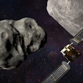 a spacecraft flying between two asteroids in an illustration
