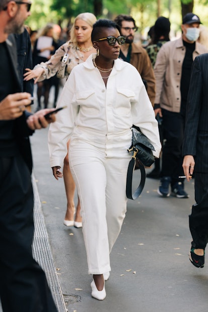 Digital Director of Harper’s Bazaar Nikki Ogunnaike wearing a white outfit during Milan Fashion Week...