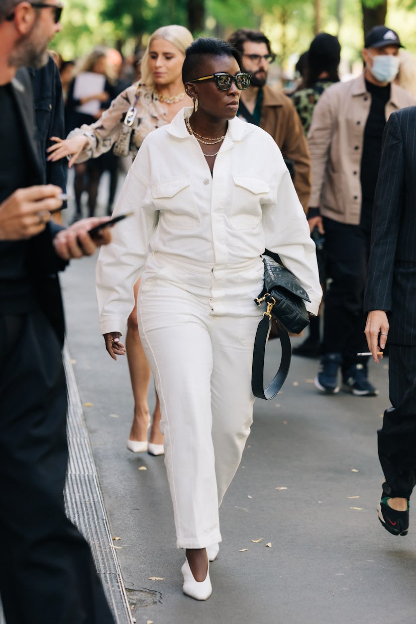 Digital Director of Harper’s Bazaar Nikki Ogunnaike wearing a white outfit during Milan Fashion Week...