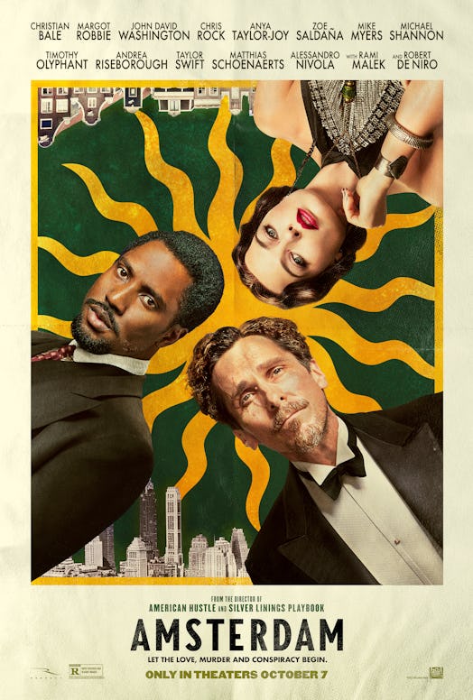 The movie poster for Amsterdam with John David Washington, Christian Bale, and Margot Robbie