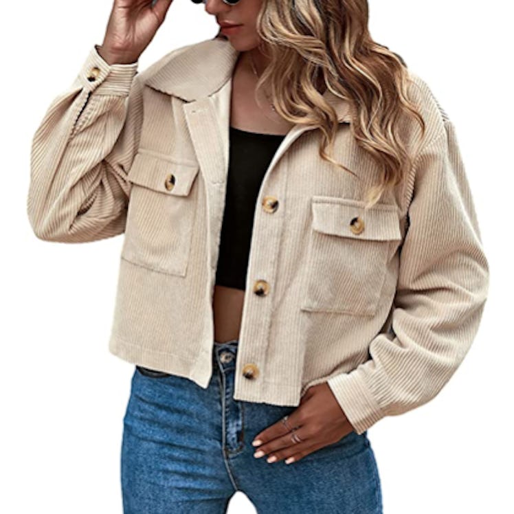 This cropped, corduroy jacket hits right at the hip for a lightweight, breezy look. 