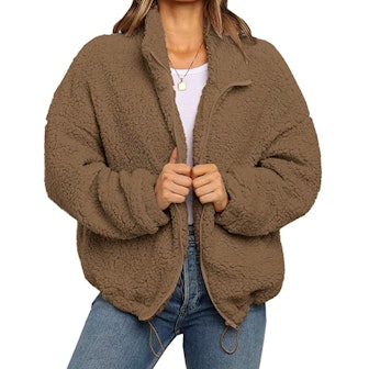 This lightweight, faux shearling jacket has an oversized look with a comfy feel. 