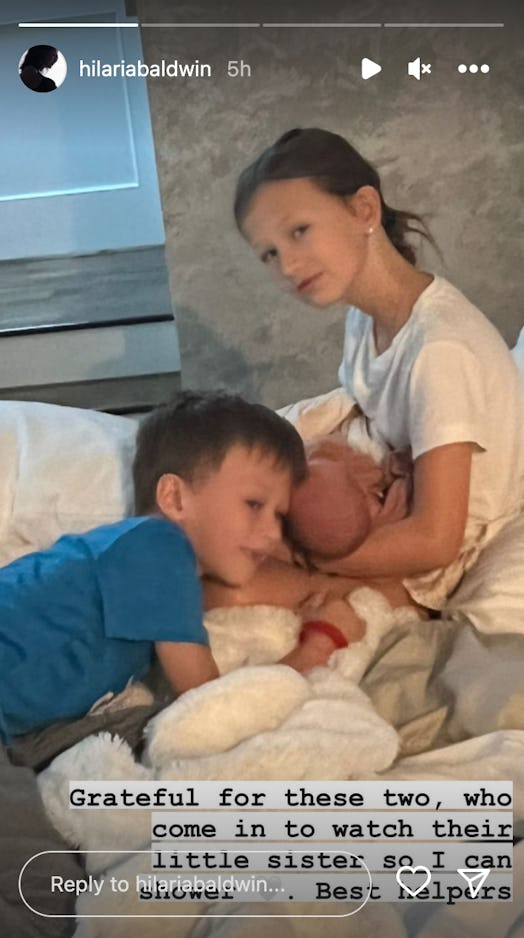Hilaria Baldwin posted a picture on Instagram Stories of kids Carmen and Rafael hugging baby Ilaria.