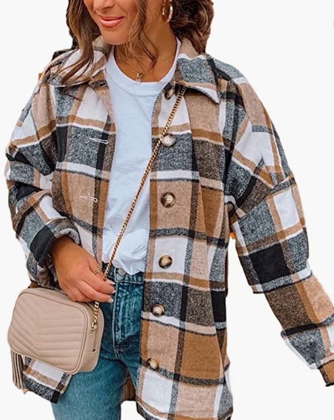 Yeokou Color Block Plaid Flannel Shacket