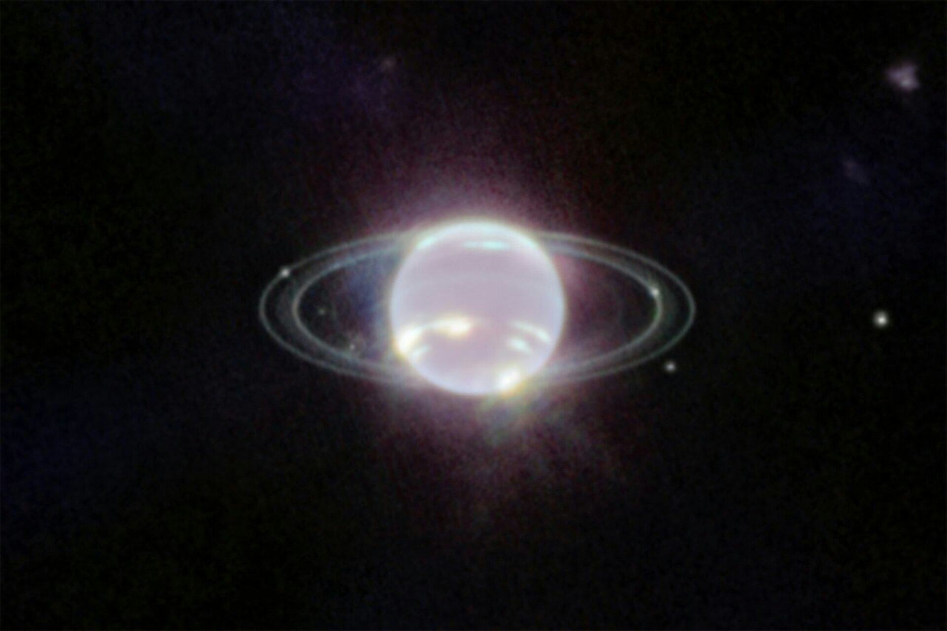 Glowing Neptune in white and purple with visible rings