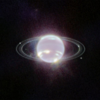 Glowing Neptune in white and purple with visible rings