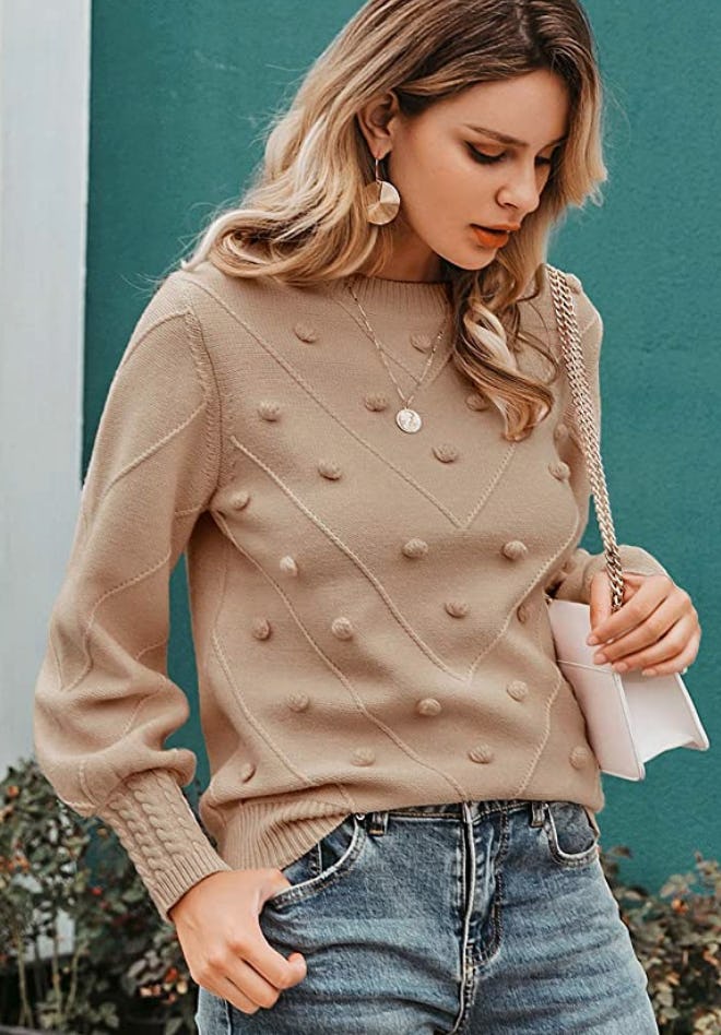 Miessial Crew Neck Lantern Sleeve Sweater