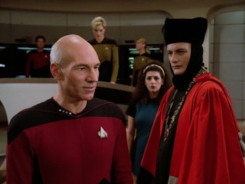 Q (John de Lancie) and Picard (Patrick Stewart) in "Encounter at Farpoint."