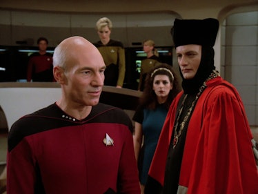 Q (John de Lancie) and Picard (Patrick Stewart) in "Encounter at Farpoint."