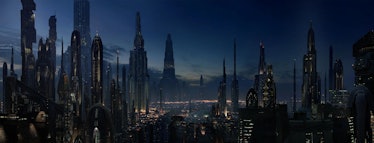 The vibrant skyline of Coruscant at night.