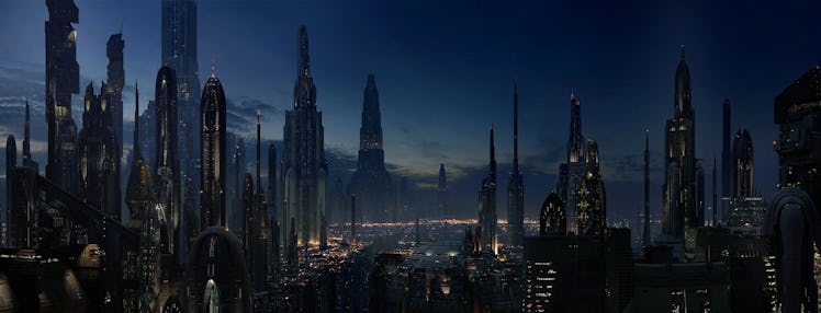 The vibrant skyline of Coruscant at night.