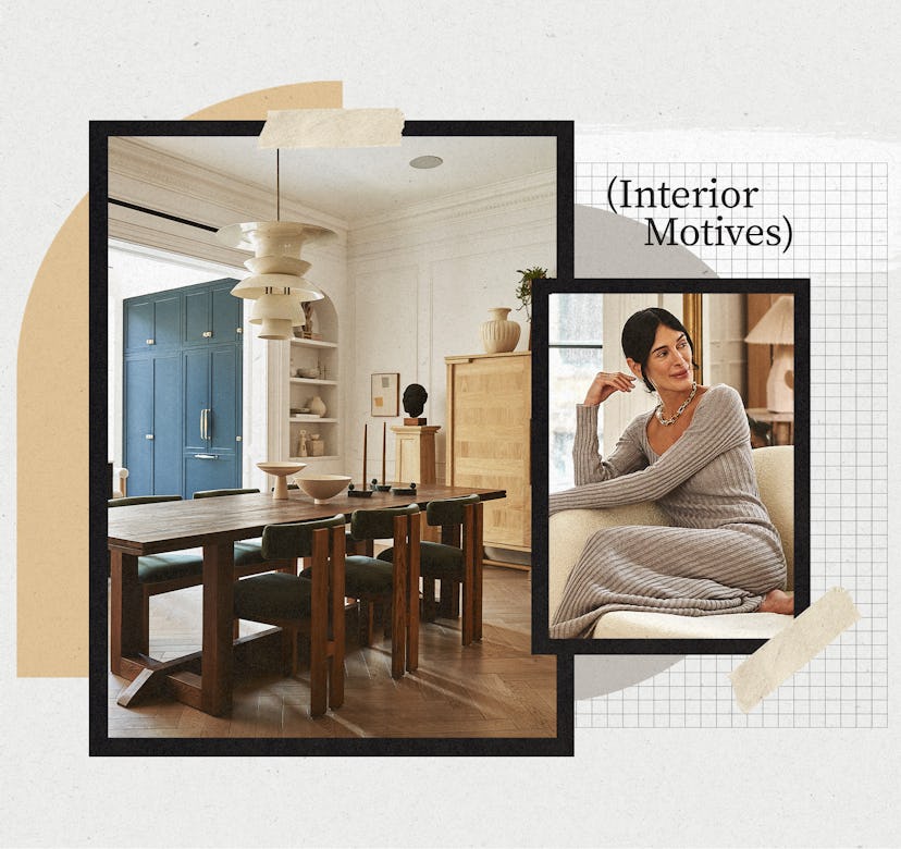 A two-part collage of Athena Calderone sitting on a couch and the dining room in her Brooklyn home