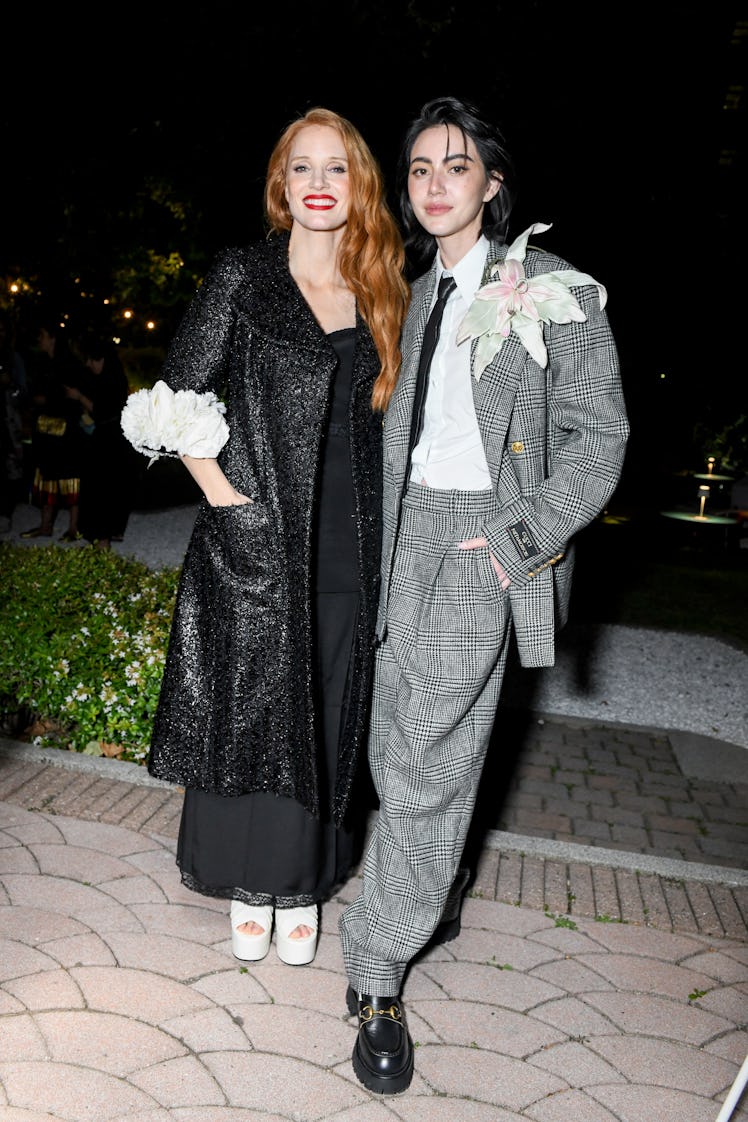 Jessica Chastain and Davika Hoorne posing at a Gucci party