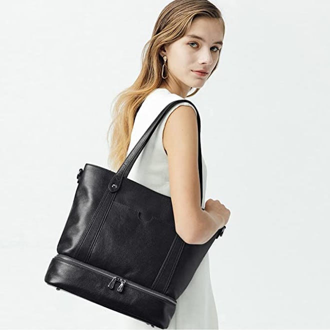 S-ZONE Leather Tote With Shoe Compartment