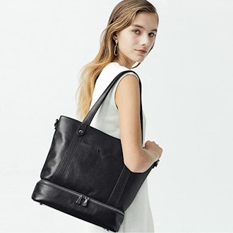 S-ZONE Leather Tote With Shoe Compartment