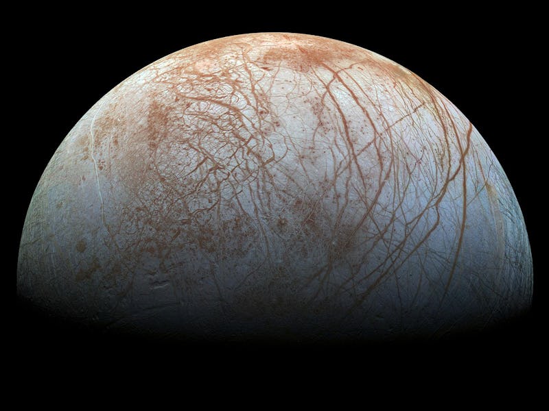 An image of Europa as it orbited Jupiter in the late 1990s captured by the Galileo spacecraft