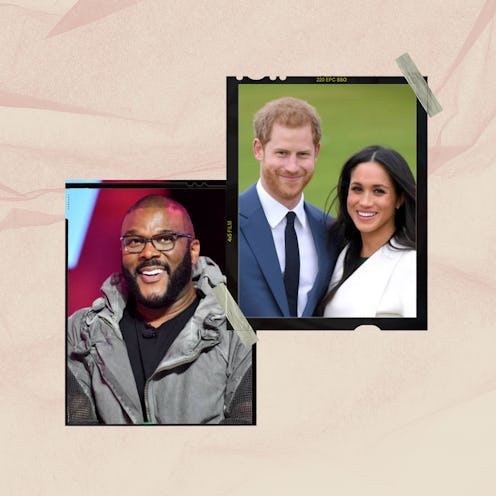 A photo of Tyler Perry next to a photo of Meghan Markle and Prince Harry