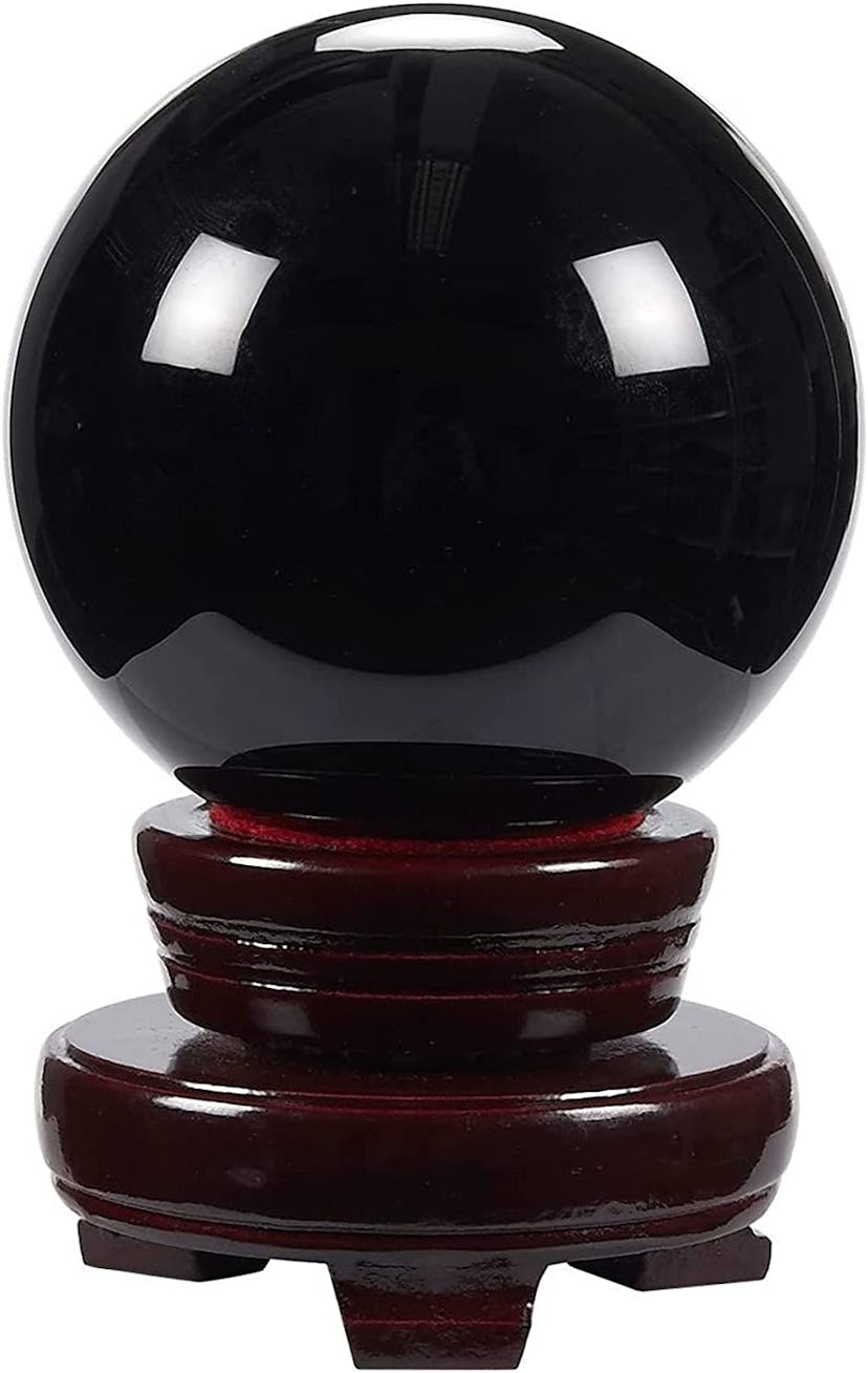  Small Black Obsidian Crystal Ball Sphere with Decorative Wooden Stand for Meditation, Healing, Feng...