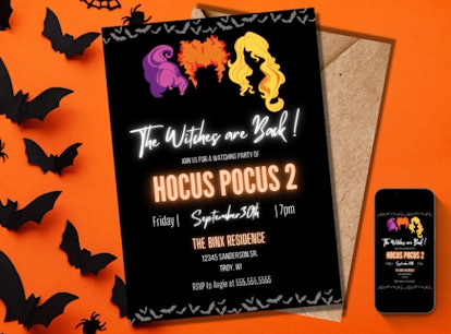 A black 'Hocus Pocus 2 'party invitation on an orange background with black bats and a phone nearby ...