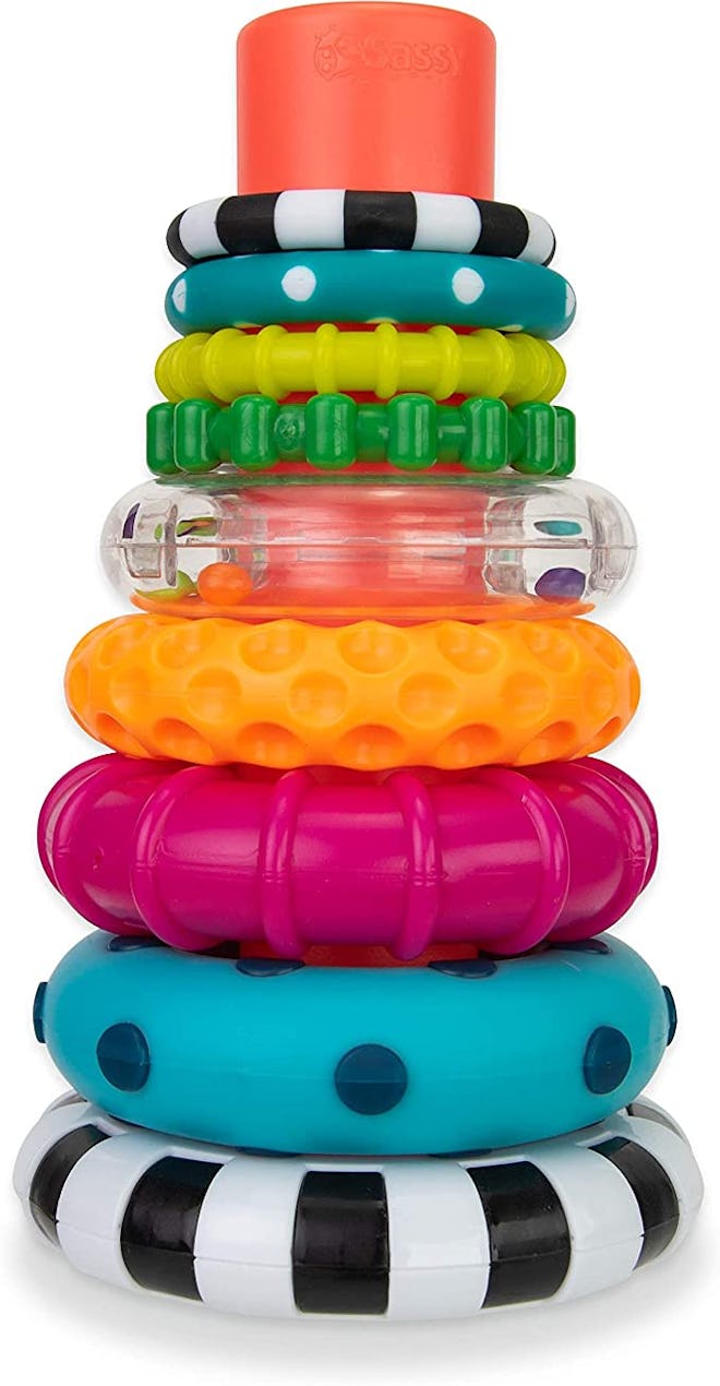 Stacking ring toys are a helpful learning toy for 1-year-olds.