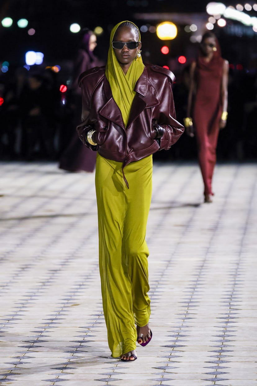 A model walking at Saint Laurent during Paris Fashion week