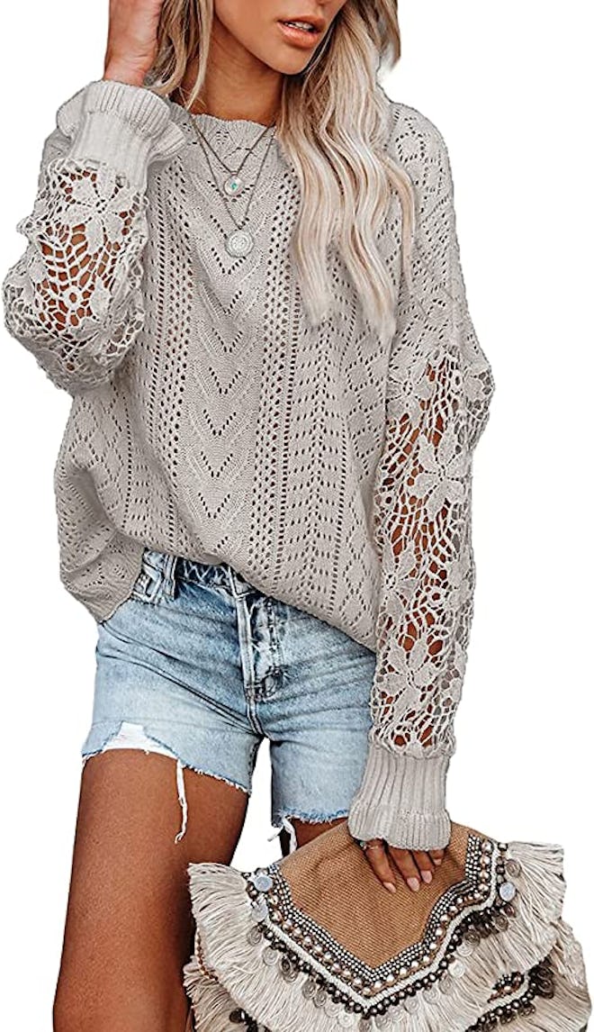 AlvaQ Lace Crochet Long Sleeve Crewneck Sweater