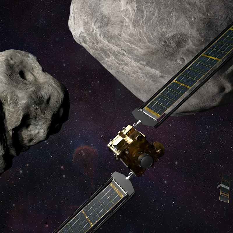Illustration of NASA’s DART spacecraft and the Italian Space Agency’s (ASI) LICIACube prior to impac...