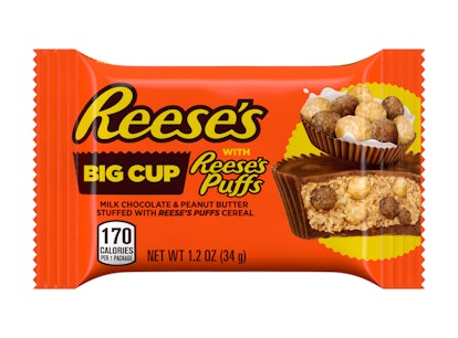 Reese’s Big Cup stuffed with Reese’s Puffs is an epic mashup.