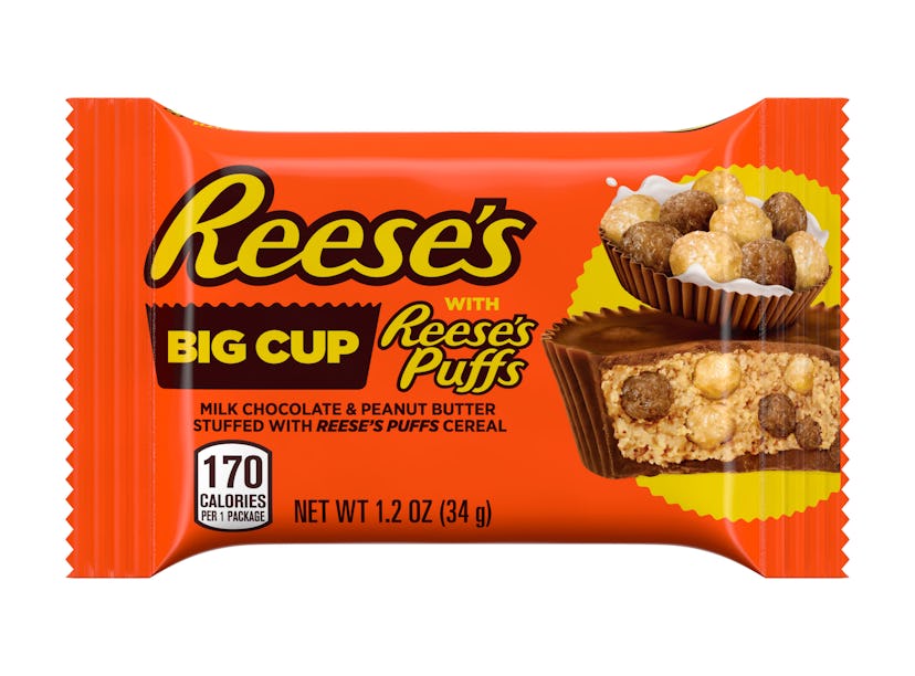 Reese’s Big Cup stuffed with Reese’s Puffs is an epic mashup.