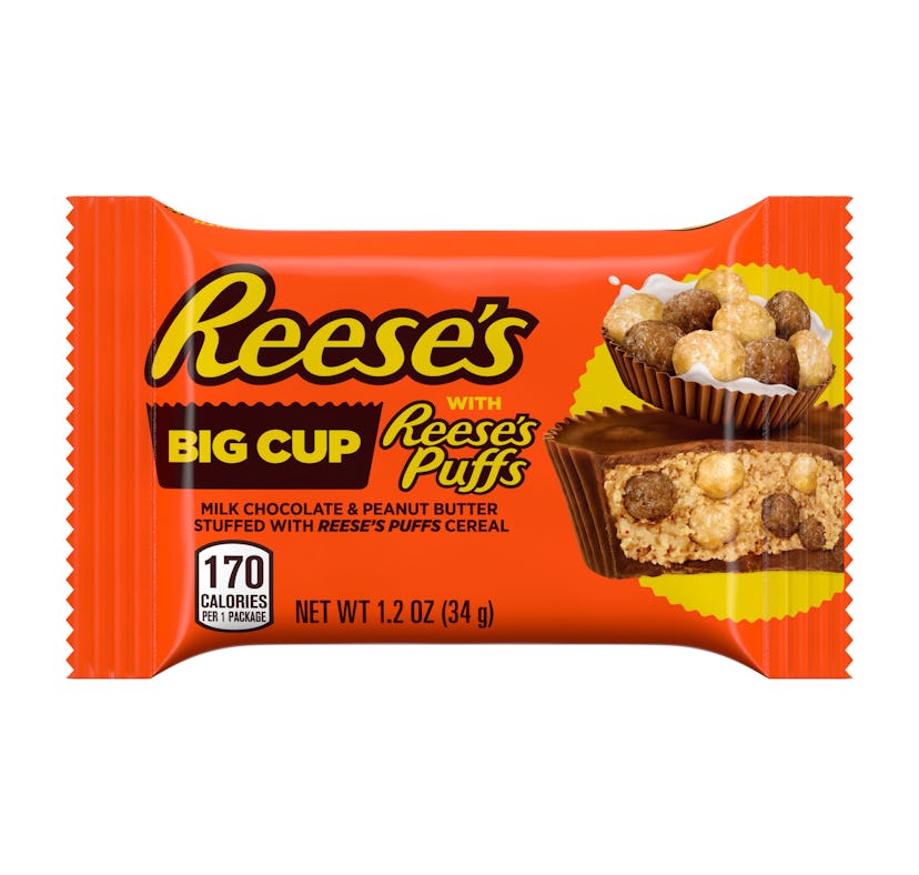Reese’s Big Cup stuffed with Reese’s Puffs is an epic mashup.