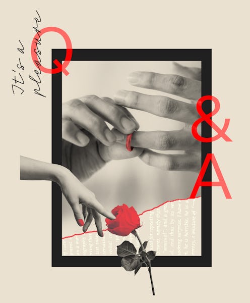 Illustration of taking a wedding ring off next to a Q&A sign and above a hand with red nails touchi...