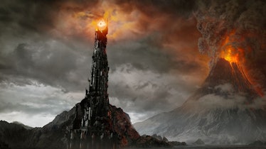 Mount Doom stands behind Barad-dûr in Peter Jackson's Lord of the Rings film trilogy