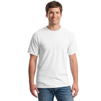 A cotton crew neck undershirt can provide coverage under a white dress shirt.