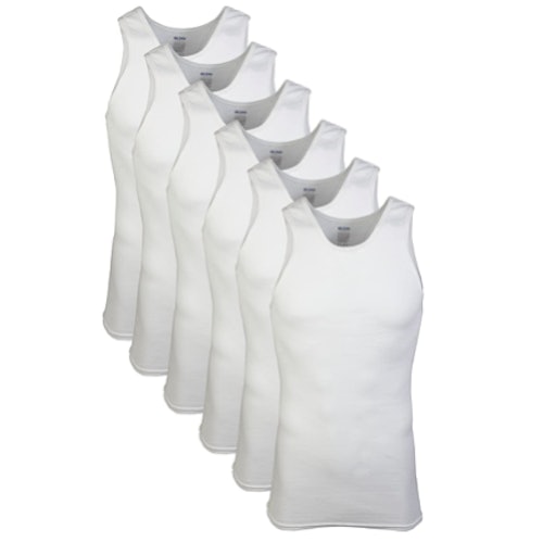 Ribbed tank tops can be form-fitting and provide breathability under a white dress shirt.