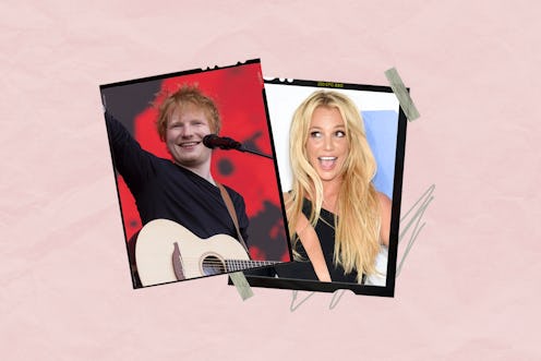 Ed Sheeran performing on stage and Britney Spears on the red carpet