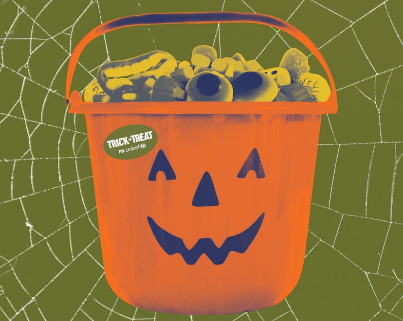 Illustration of jack-o-lantern bucker filled with sweets