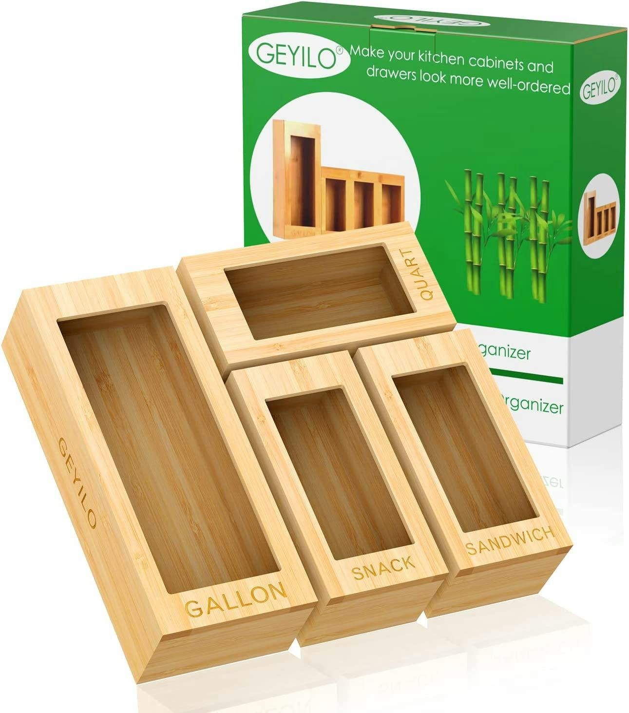 GEYILO Bamboo Ziplock Bag Storage Organizer