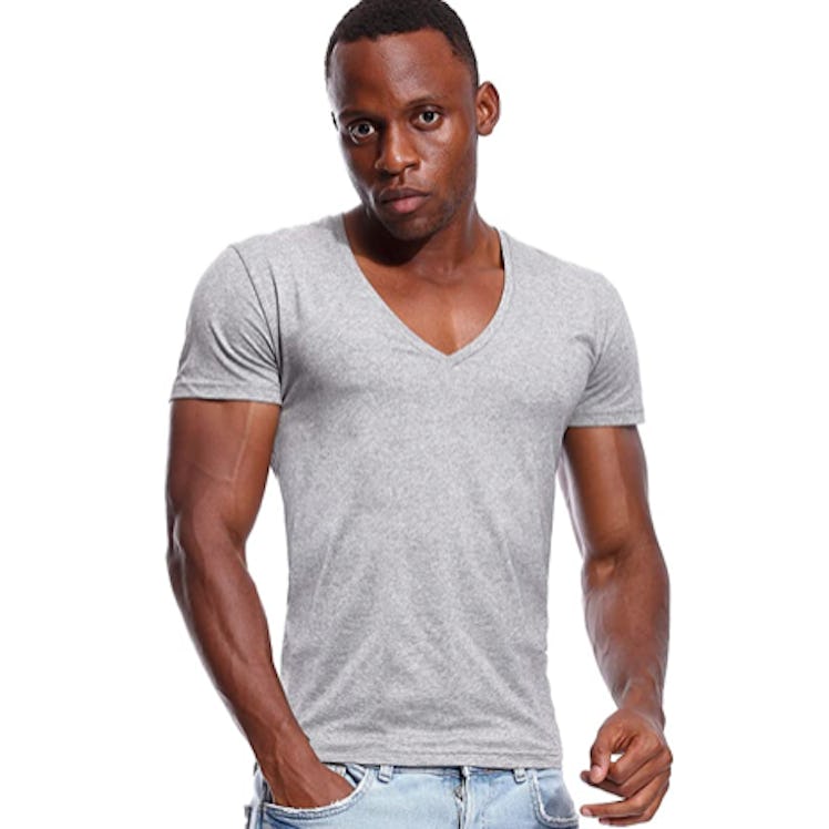 If you like unbuttoning your white dress shirt, a deep V-neck undershirt can give you coverage witho...