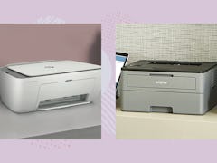Two photos featuring some of the best printers for college students laid over the top of a pale purp...