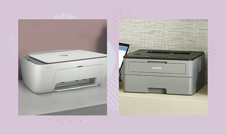 Two photos featuring some of the best printers for college students laid over the top of a pale purp...