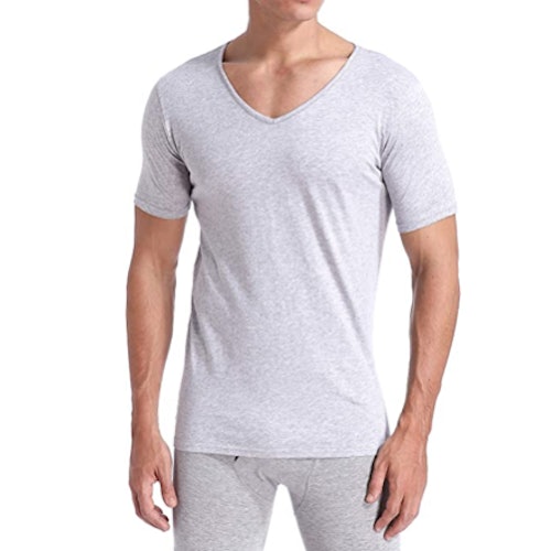 Light gray can be a versatile color for an undershirt under a white dress shirt.